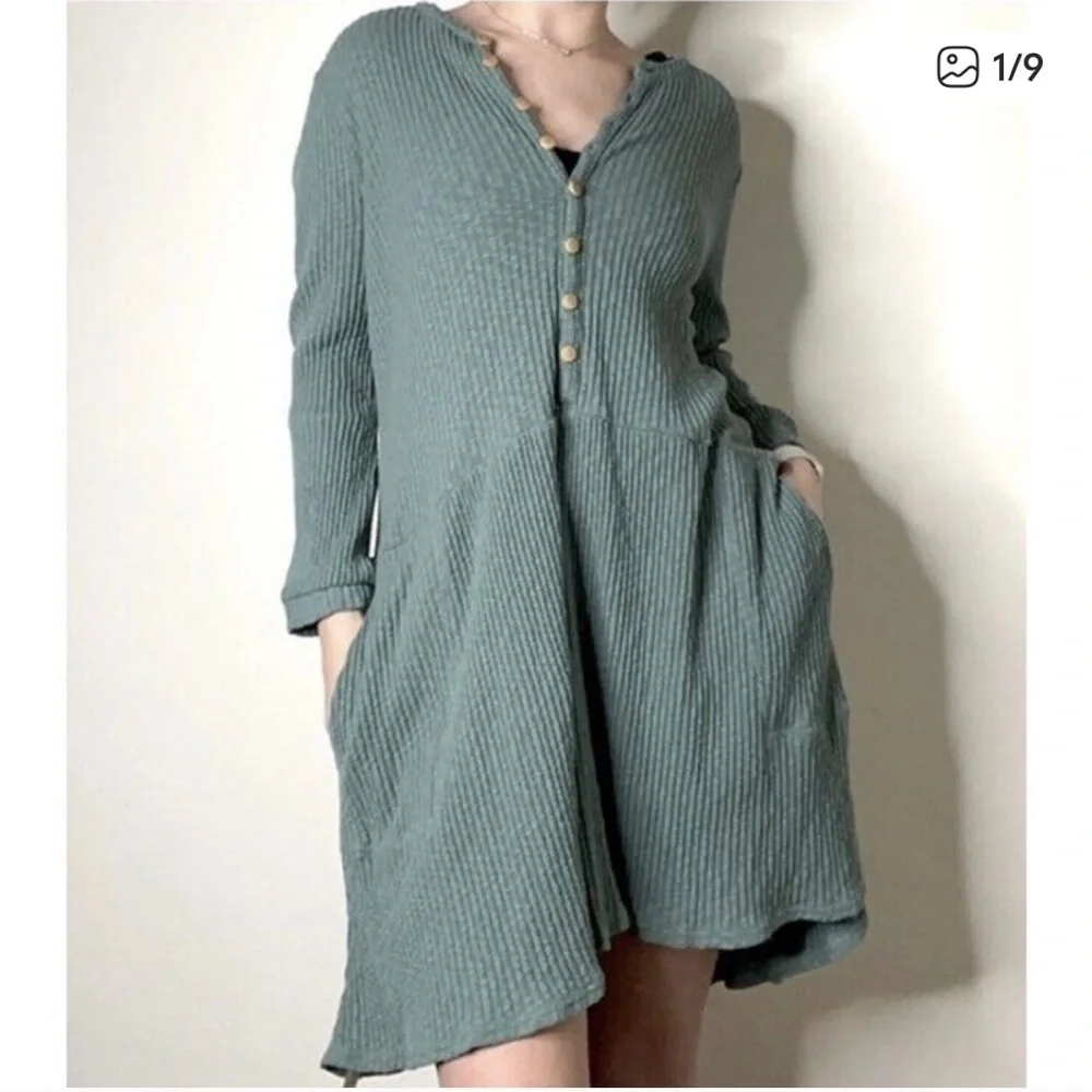 Free People Beach Blossom Button-Up T- Shirt Dress Ribbed Knit Green Size Med